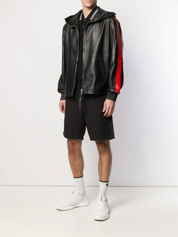 Men's Black Lambskin Leather Hooded Jacket - Image 2