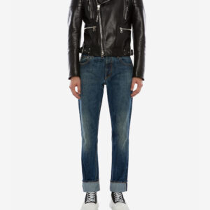 Black leather biker jacket with silver zippers and white shoulder panels, displayed on a plain white background for a sleek, edgy look.