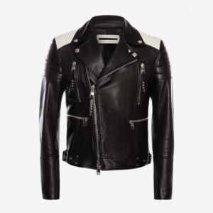 A black leather biker jacket with silver zippers and white shoulder panels on a plain white background, conveying a sleek, edgy style.