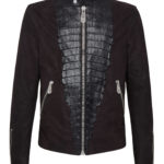 Black leather jacket with sleek crocodile-patterned panel down the front, silver zippers on the front and sleeves, conveying a bold, modern look.