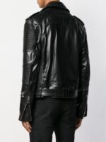 Edgy black leather jacket with classic biker cut, adorned with metal studs and functional zippers for a statement look.