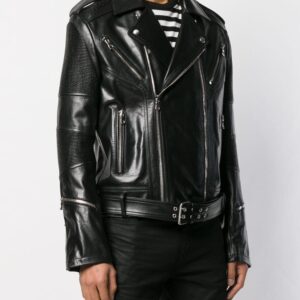 Black leather biker jacket with multiple silver zippers and metal studs, featuring a belted waist for a bold, edgy silhouette.