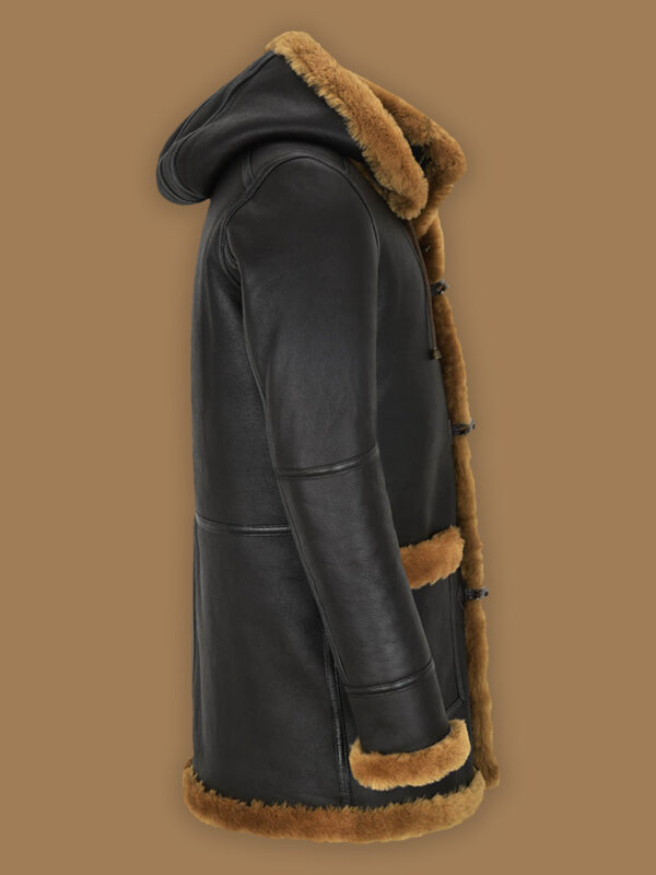 Men's Black Shearling Coat with Hoodie - Image 4