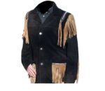 Men's Black Western Style Cowboy Jackets Coat Suede Leather fringe