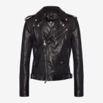 A sleek black leather biker jacket with silver zippers and buttons, featuring an asymmetrical front and a skull pattern lining, exuding a rebellious vibe.
