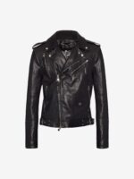 A sleek black leather biker jacket with silver zippers and buttons, featuring an asymmetrical front and a skull pattern lining, exuding a rebellious vibe.