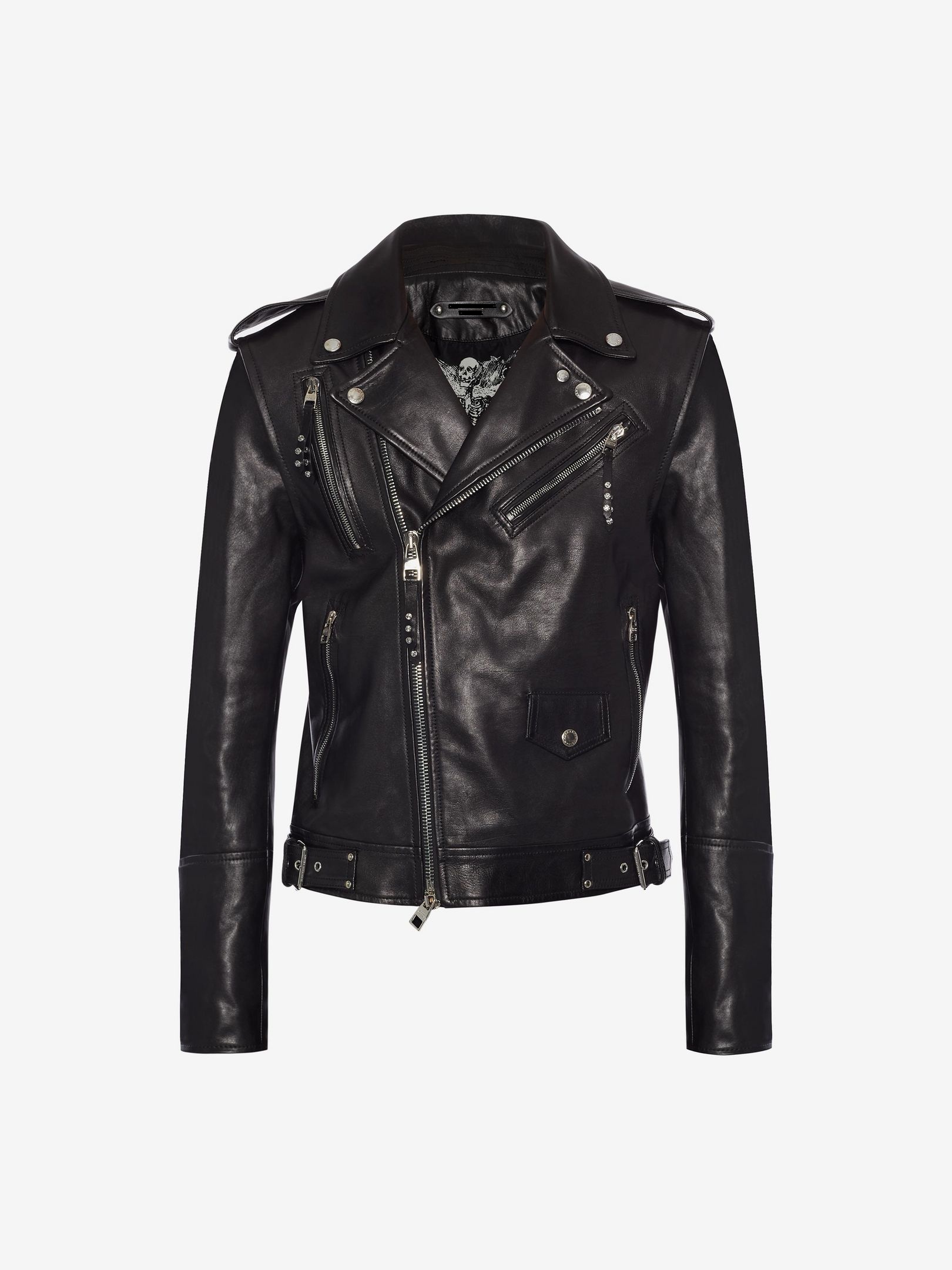 A sleek black leather biker jacket with silver zippers and buttons, featuring an asymmetrical front and a skull pattern lining, exuding a rebellious vibe. A sleek black leather biker jacket with silver zippers and buttons, featuring an asymmetrical front and a skull pattern lining, exuding a rebellious vibe.