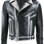 Fashion-forward outfit with gradient leather biker jacket, metallic zipper accents, and black pants for a contemporary edgy vibe.