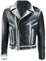 Fashion-forward outfit with gradient leather biker jacket, metallic zipper accents, and black pants for a contemporary edgy vibe.