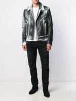 Black and silver ombré leather jacket with bold asymmetrical zippers and high collar, worn with black trousers for a sleek aesthetic.