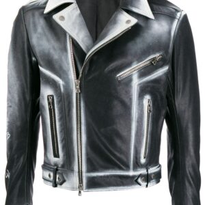 Fashion-forward outfit with gradient leather biker jacket, metallic zipper accents, and black pants for a contemporary edgy vibe.