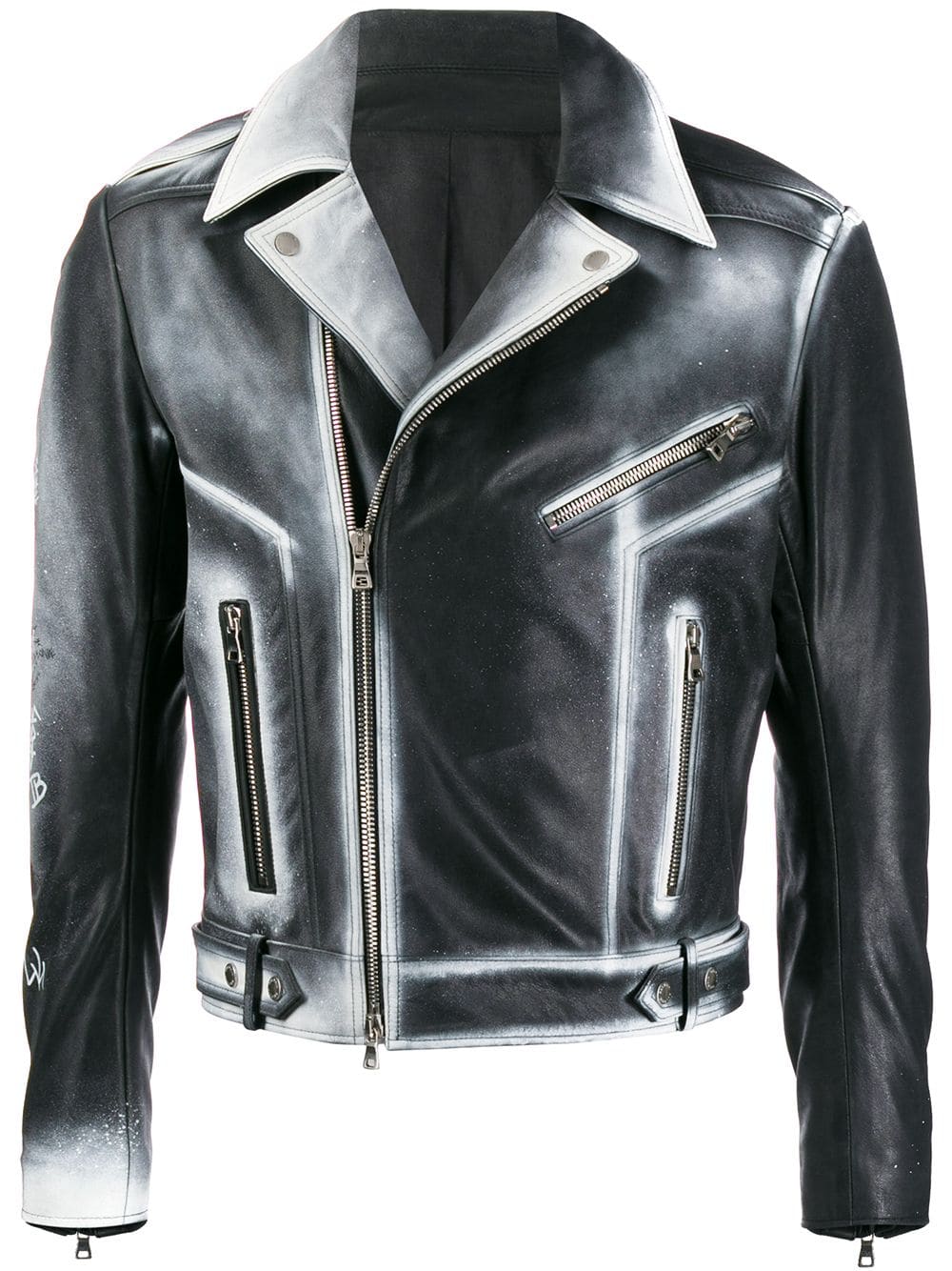 Fashion-forward outfit with gradient leather biker jacket, metallic zipper accents, and black pants for a contemporary edgy vibe. Fashion-forward outfit with gradient leather biker jacket, metallic zipper accents, and black pants for a contemporary edgy vibe.