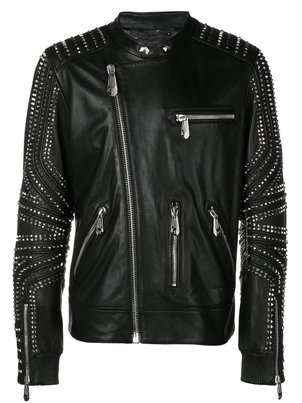 Black leather jacket adorned with silver studs, featuring multiple zippers and textured detailing on the sleeves. The design conveys a bold, edgy style. Black leather jacket adorned with silver studs, featuring multiple zippers and textured detailing on the sleeves. The design conveys a bold, edgy style.