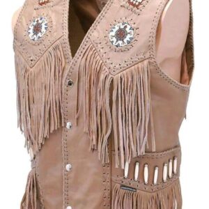 Tan leather vest with intricate beadwork, fringe detailing, and silver buttons. The design includes white circular beaded patterns and geometric accents.