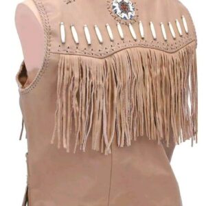 Tan leather vest with intricate beadwork on the shoulders and back. It features long fringes and decorative bone accents, evoking a vintage Western style.