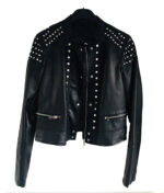 Woman Black Studded Cafe Racer Leather Jacket