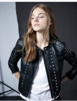 Woman Black Studded Cafe Racer Leather Jacket - Image 3