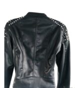 Woman Black Studded Cafe Racer Leather Jacket - Image 2