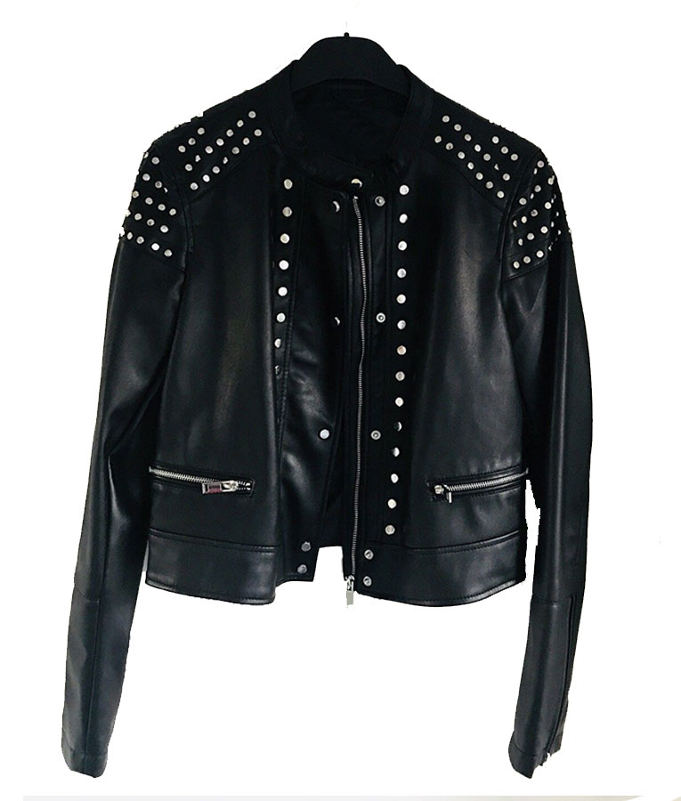 woman-black-studded-cafe-racer-leather-jacket Woman Black Studded Cafe Racer Leather Jacket - Image 1