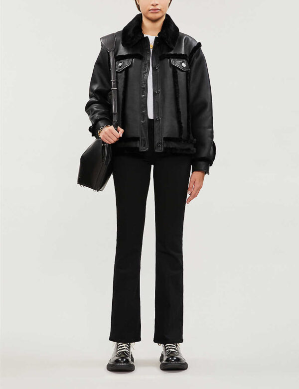 Woman's Black Collared Shearling Leather Jacket - Image 2