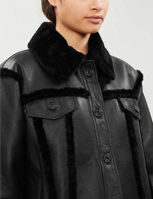 Woman's Black Collared Shearling Leather Jacket - Image 4