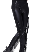 Women Flexible Buttery Soft Faux Leather Fringe Biker Pants