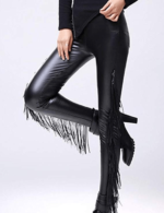 Women Flexible Buttery Soft Faux Leather Fringe Biker Pants