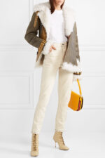 Women's asymmetric shearling biker jacket with textured leather