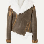 Women's winter biker jacket with asymmetric design and shearling trim