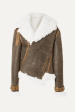 Women's winter biker jacket with asymmetric design and shearling trim
