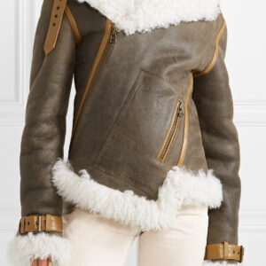 Stylish women's shearling moto jacket with textured leather finish