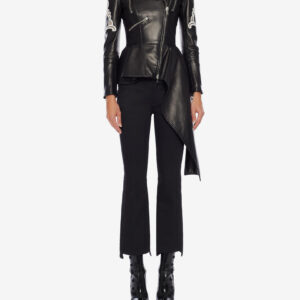 Black asymmetrical leather jacket with belted waist and decorative white embroidery for a bold and chic statement.