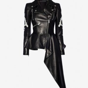 Asymmetrical black leather jacket with silver zippers, a belted waist, and ornate white embroidery on the sleeves. The design is edgy and fashionable.