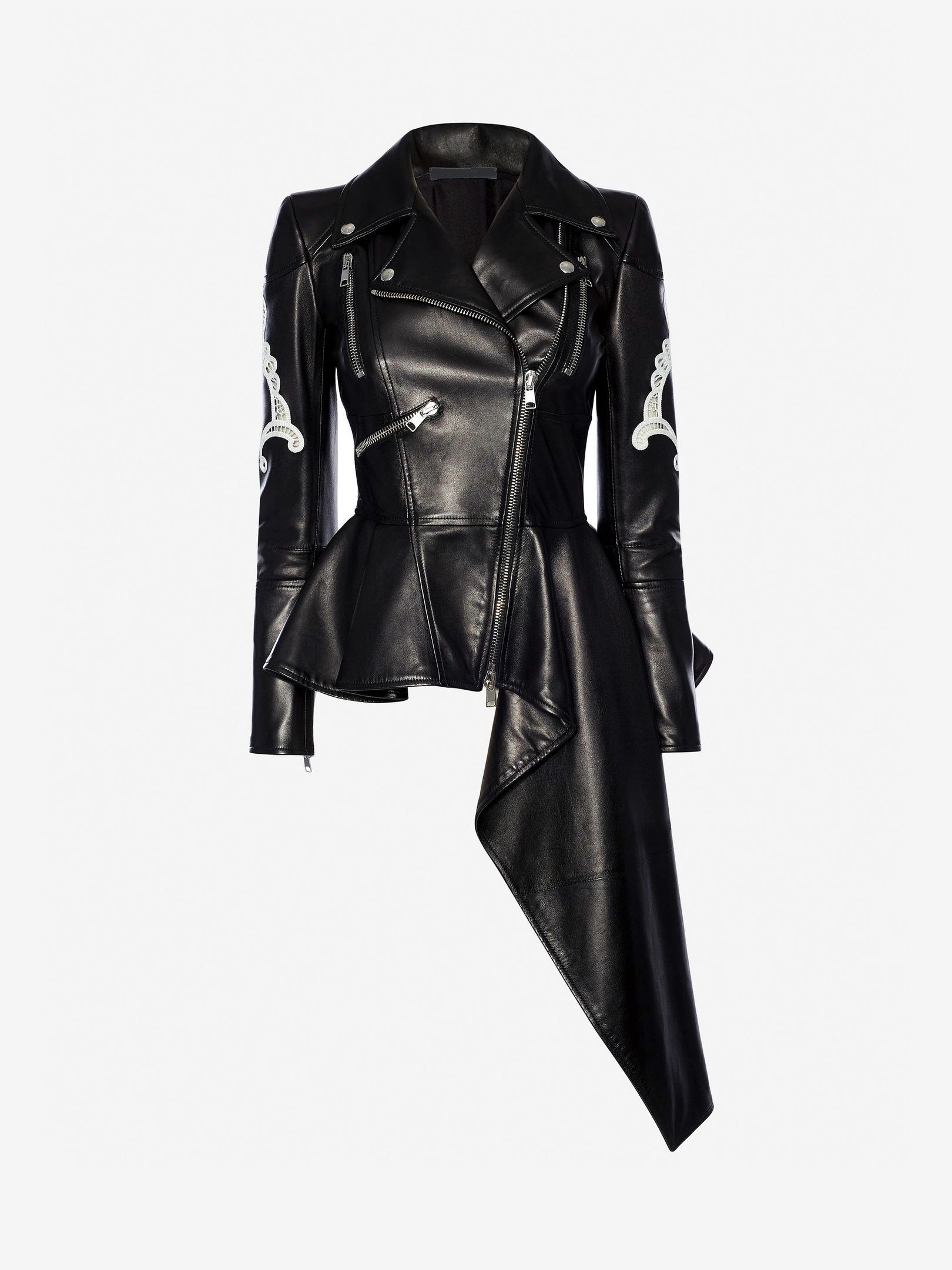 Asymmetrical black leather jacket with silver zippers, a belted waist, and ornate white embroidery on the sleeves. The design is edgy and fashionable. Asymmetrical black leather jacket with silver zippers, a belted waist, and ornate white embroidery on the sleeves. The design is edgy and fashionable.
