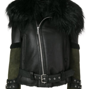 Black leather jacket with a woolly fur collar. It features an asymmetrical zipper, green sleeves, and belted accents for a bold, edgy look.