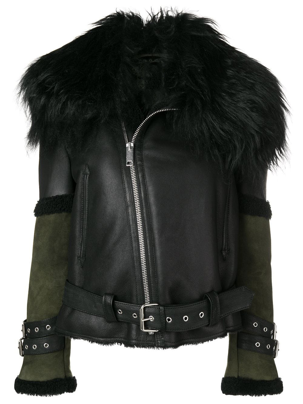 Black leather jacket with a woolly fur collar. It features an asymmetrical zipper, green sleeves, and belted accents for a bold, edgy look. Black leather jacket with a woolly fur collar. It features an asymmetrical zipper, green sleeves, and belted accents for a bold, edgy look.