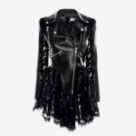 Black leather jacket with silver zippers, featuring black lace sleeves and skirt, blending edgy and elegant styles on a white background.