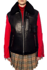Women's Black & Red Shearling Leather jacket - Image 3