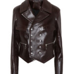 Dark brown leather jacket featuring wide lapels, double-breasted silver buttons, and zippered pockets. The jacket exudes a bold, stylish vibe.