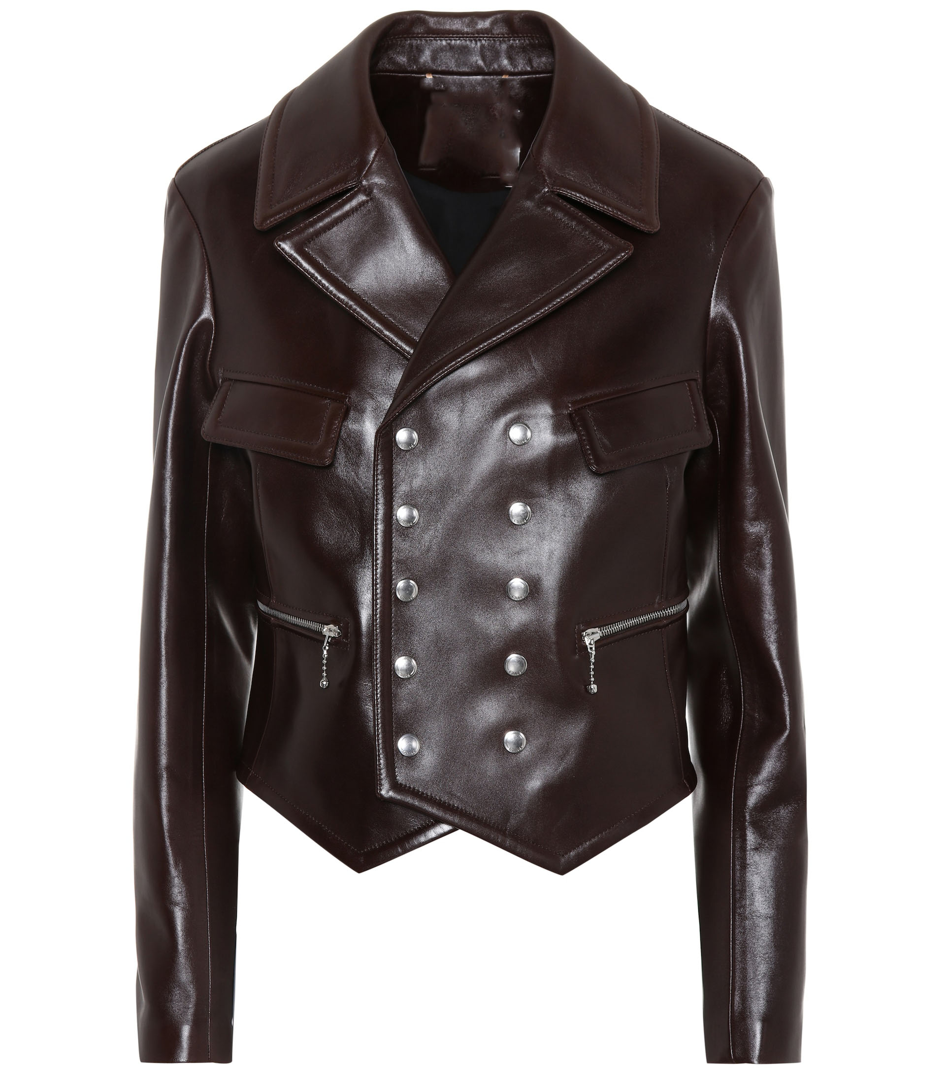 Dark brown leather jacket featuring wide lapels, double-breasted silver buttons, and zippered pockets. The jacket exudes a bold, stylish vibe. Dark brown leather jacket featuring wide lapels, double-breasted silver buttons, and zippered pockets. The jacket exudes a bold, stylish vibe.