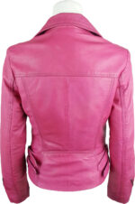Women's pink leather jacket featuring three front zipper pockets, side pocket, and zippered sleeves, styled on a mannequin for display.