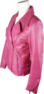 Bright pink leather jacket with multiple zippers and front pockets, displayed on a white mannequin torso for a bold, edgy fashion statement.