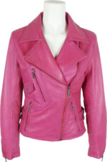 A bright pink leather jacket displayed on a white mannequin torso. It features multiple zippers and pockets, conveying a stylish and edgy look.