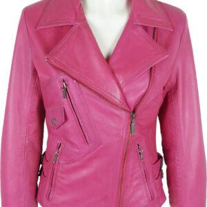 A bright pink leather jacket displayed on a white mannequin torso. It features multiple zippers and pockets, conveying a stylish and edgy look.