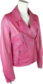 Stylish pink leather jacket for women with a modern zipper closure and multiple functional pockets, shown on a white torso mannequin.