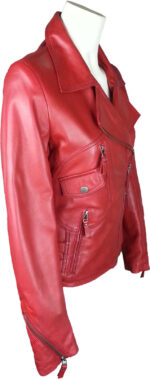 Fashionable red leather motorcycle jacket for women