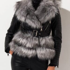 Warm women's faux leather biker jacket with fur collar