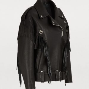 Edgy black fringe leather motorcycle jacket with silver hardware details, showcasing a rebellious and stylish aesthetic.