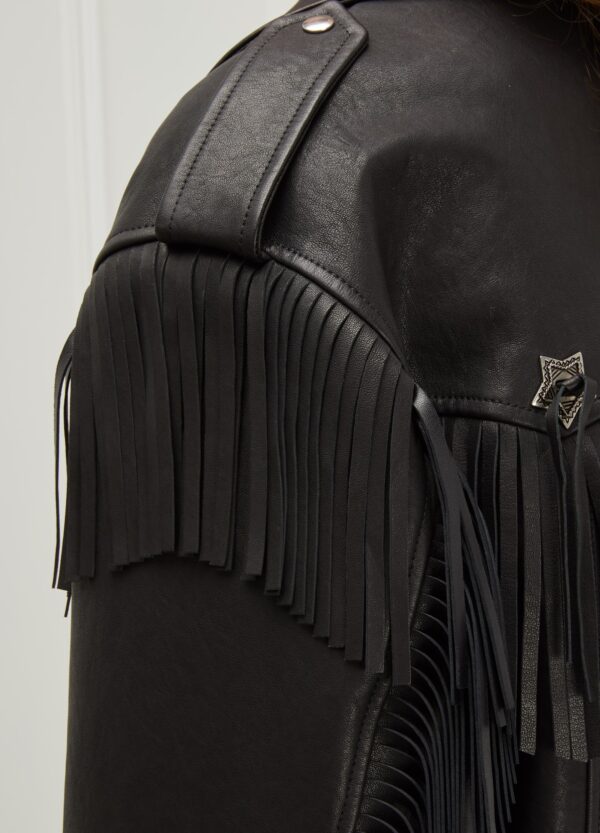 Black leather biker jacket with fringe accents on sleeves and chest, featuring silver zippers and buttons for a bold, edgy look.