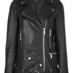 Black leather biker jacket with silver zippers, snap buttons, and a belt. It conveys a classic, edgy style with a sleek and textured look.